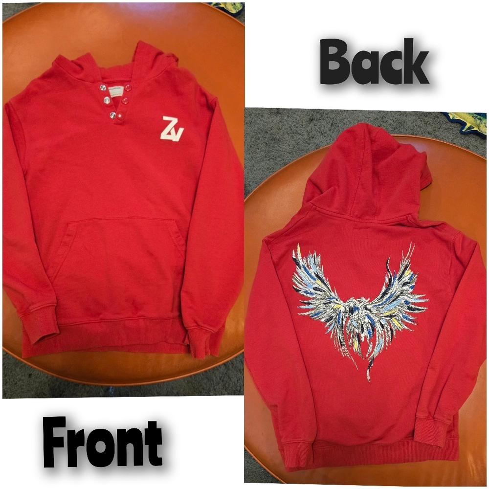 Zadig & Voltaire Vibrant Red Hoodie With Bird Embroidery On Back Sz 16 M EUC